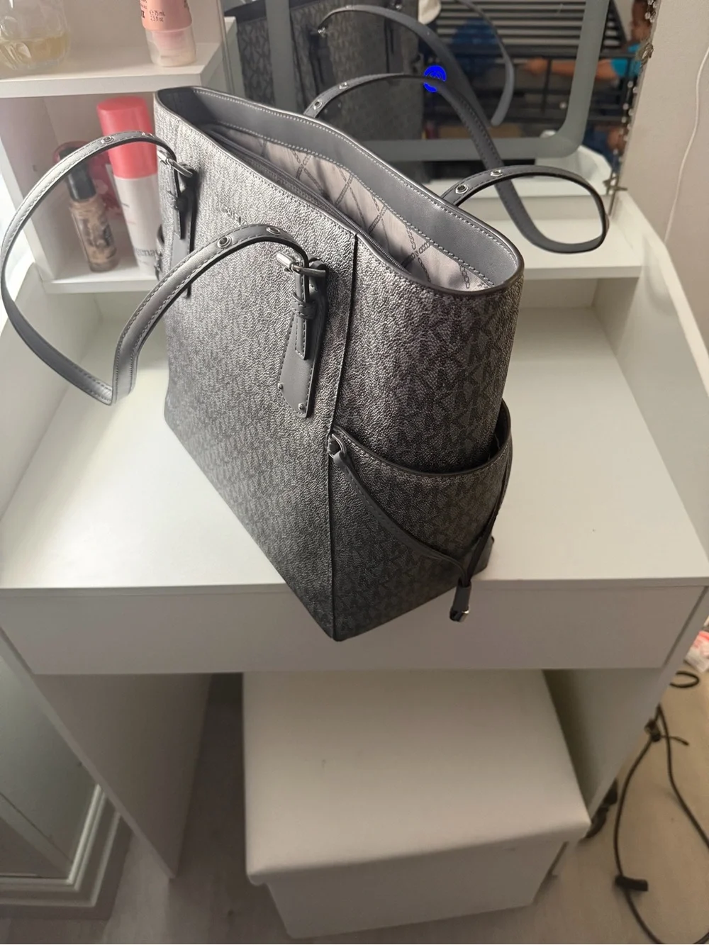 Michael Kors Monogram Tote in Charcoal Gray and Black